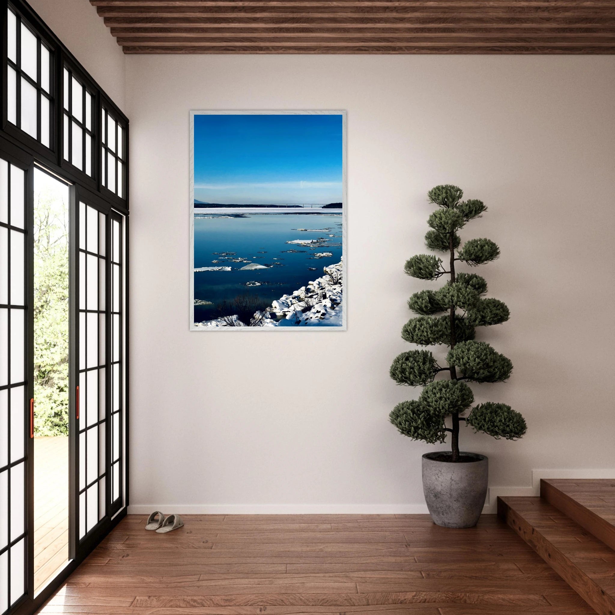 Wooden framed Hudson Valley winter poster with snowy scenery, part of the Travel Collection Studio Edition, holiday-themed print.