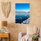 Wooden framed Hudson Valley winter poster featuring snowy landscape, part of travel collection studio edition, holiday 25 print.