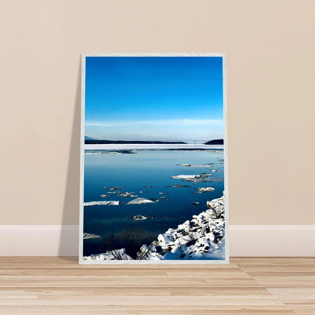 Premium wooden framed Hudson Valley winter poster with snowy landscape, part of the Studio Edition Travel Collection, holiday-themed print.