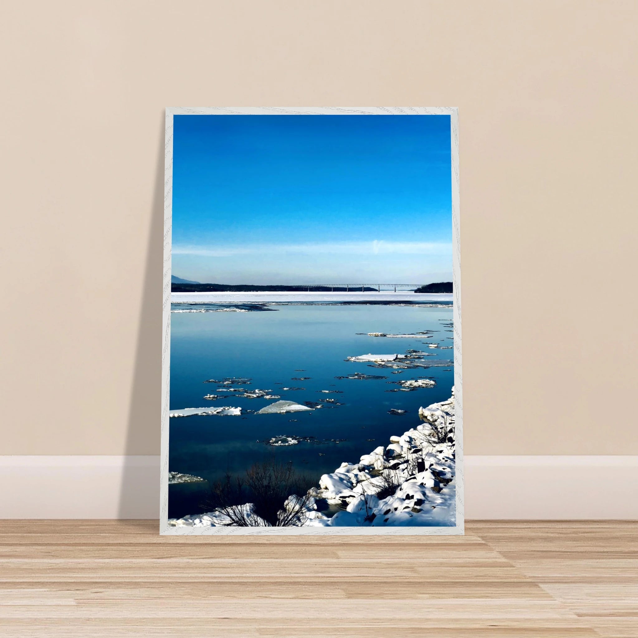 Premium wooden framed Hudson Valley winter poster with snowy landscape, part of the Studio Edition Travel Collection, holiday-themed print.