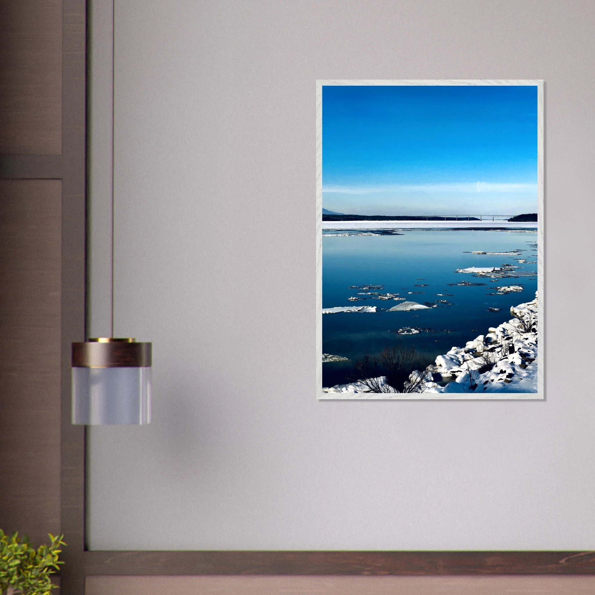 Wooden framed Hudson Valley winter poster with snowy landscape, part of the Travel Collection Studio Edition, Holiday 25.