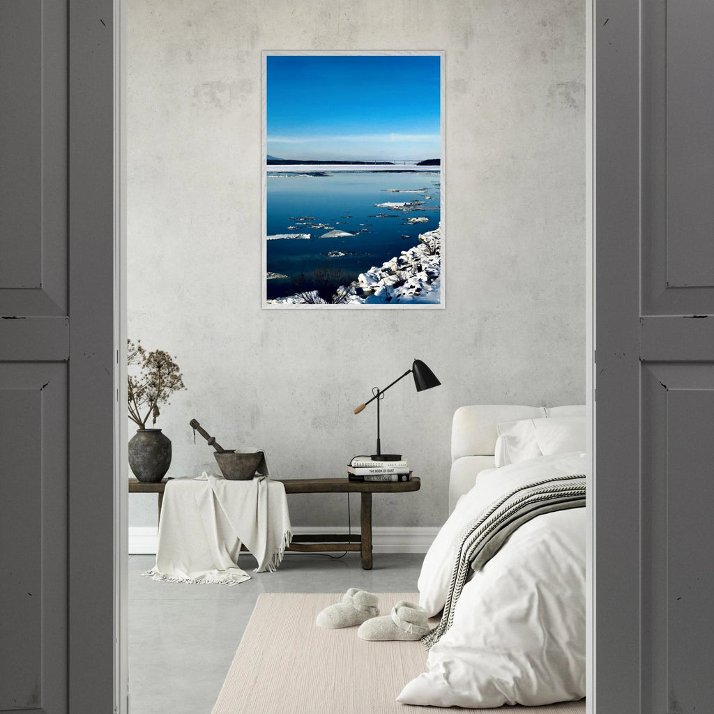 Wooden-framed Hudson Valley winter poster with snowy landscape, part of the Travel Collection Studio Edition, holiday-themed print.