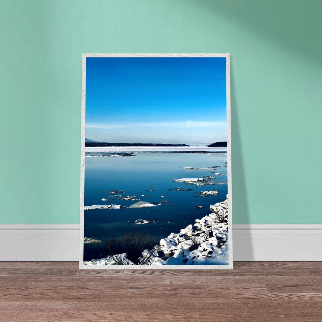 Wooden framed Hudson Valley winter poster featuring snowy landscape, part of the Travel Collection Studio Edition.