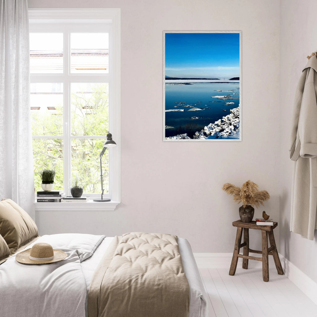 Wooden framed Hudson Valley winter poster with snowy scenery, part of the Studio Edition travel collection.