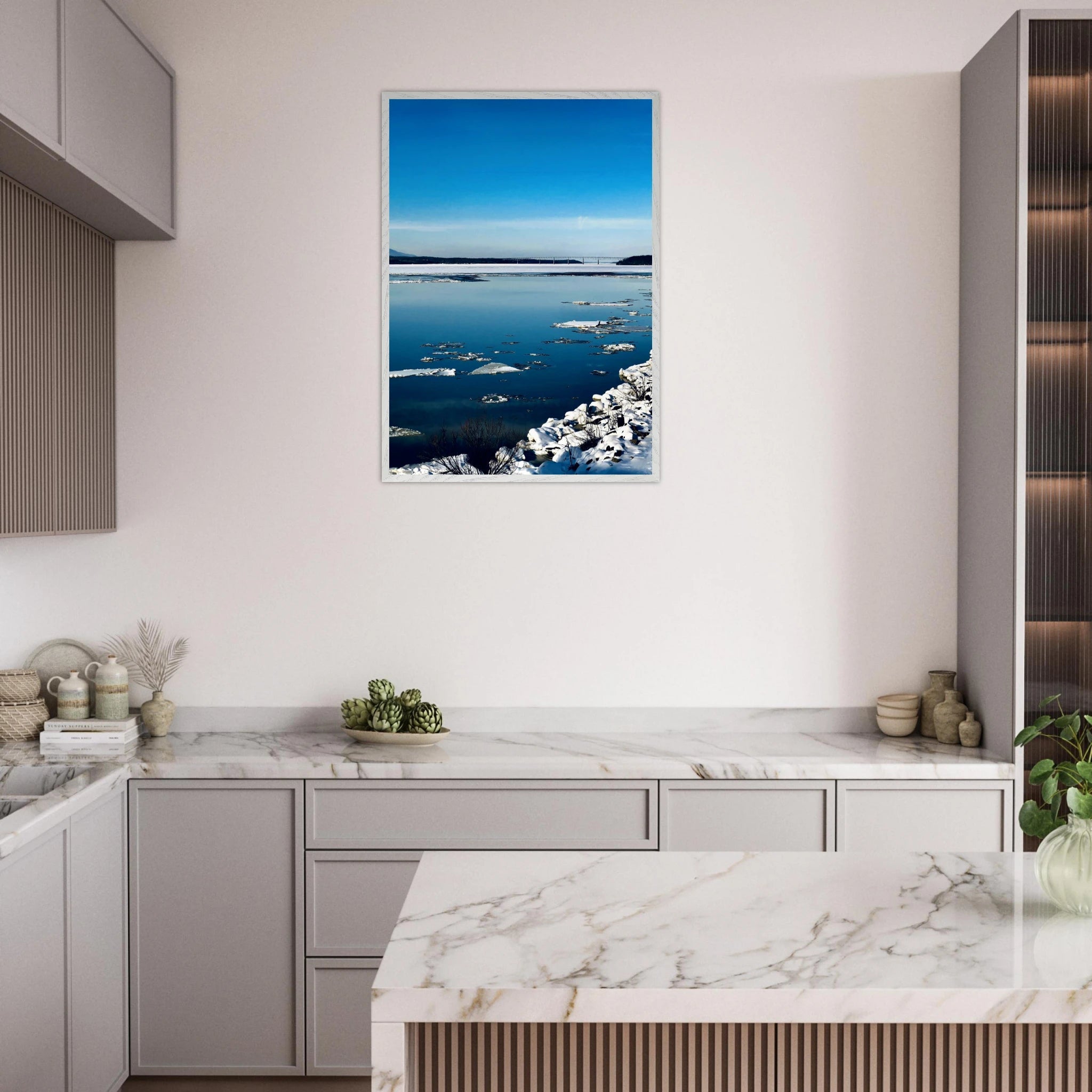 Wooden framed Hudson Valley winter poster with snowy scenery, part of the Studio Edition travel collection, showcasing a cozy holiday vibe.