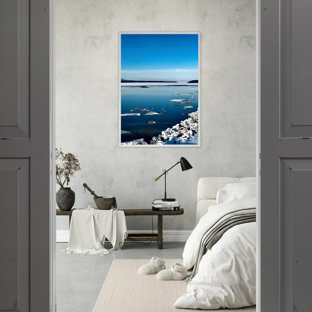 Wooden framed Hudson Valley winter poster with snowy scene, part of Studio Edition Travel Collection, showcasing a cozy holiday vibe.