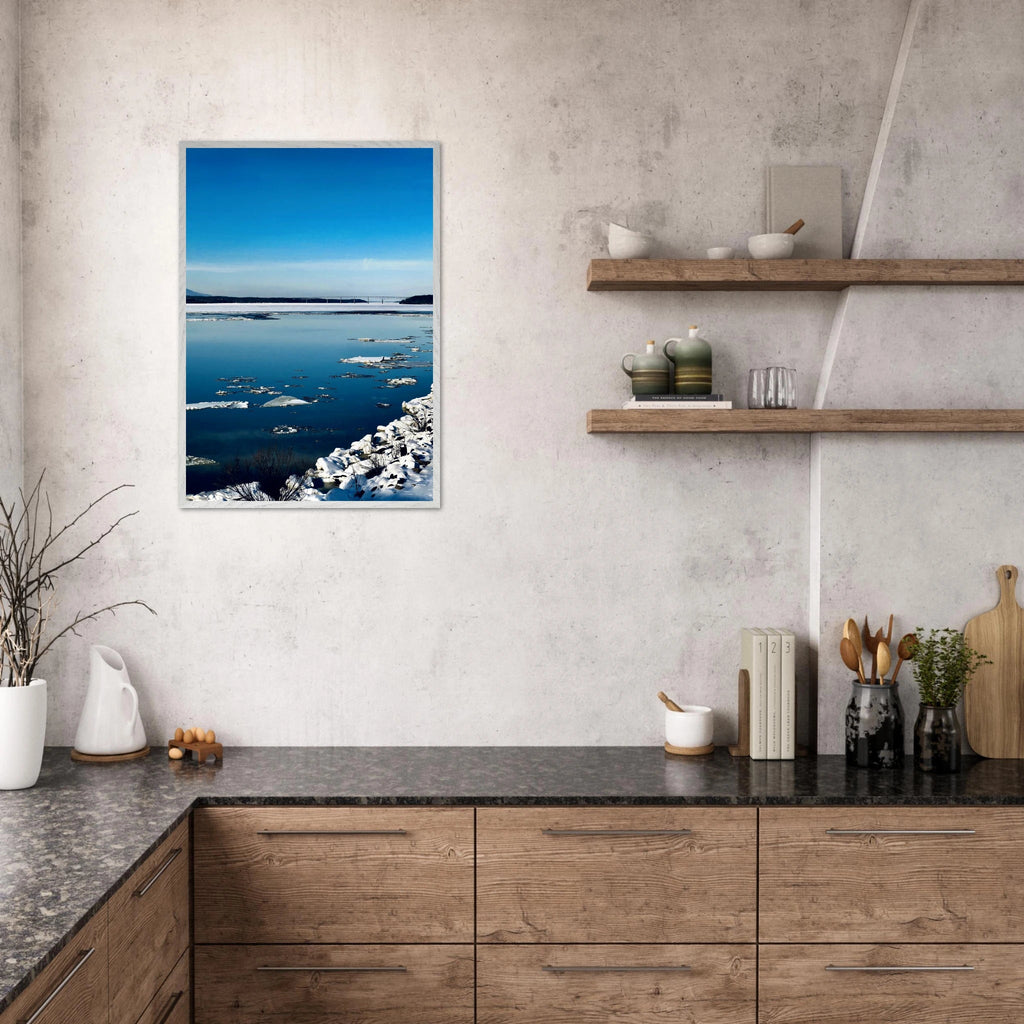 Wooden-framed Hudson Valley Winter poster with snowy landscape, part of Studio Edition Travel Collection, showcasing cozy winter scenery.