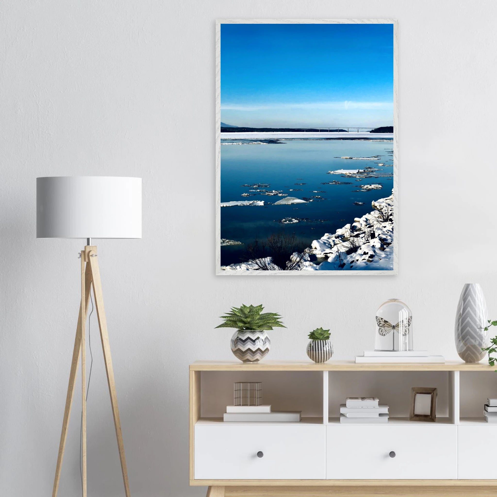 Wooden framed Hudson Valley winter poster with snowy scenery, part of Studio Edition Travel Collection, showcasing a cozy winter landscape.