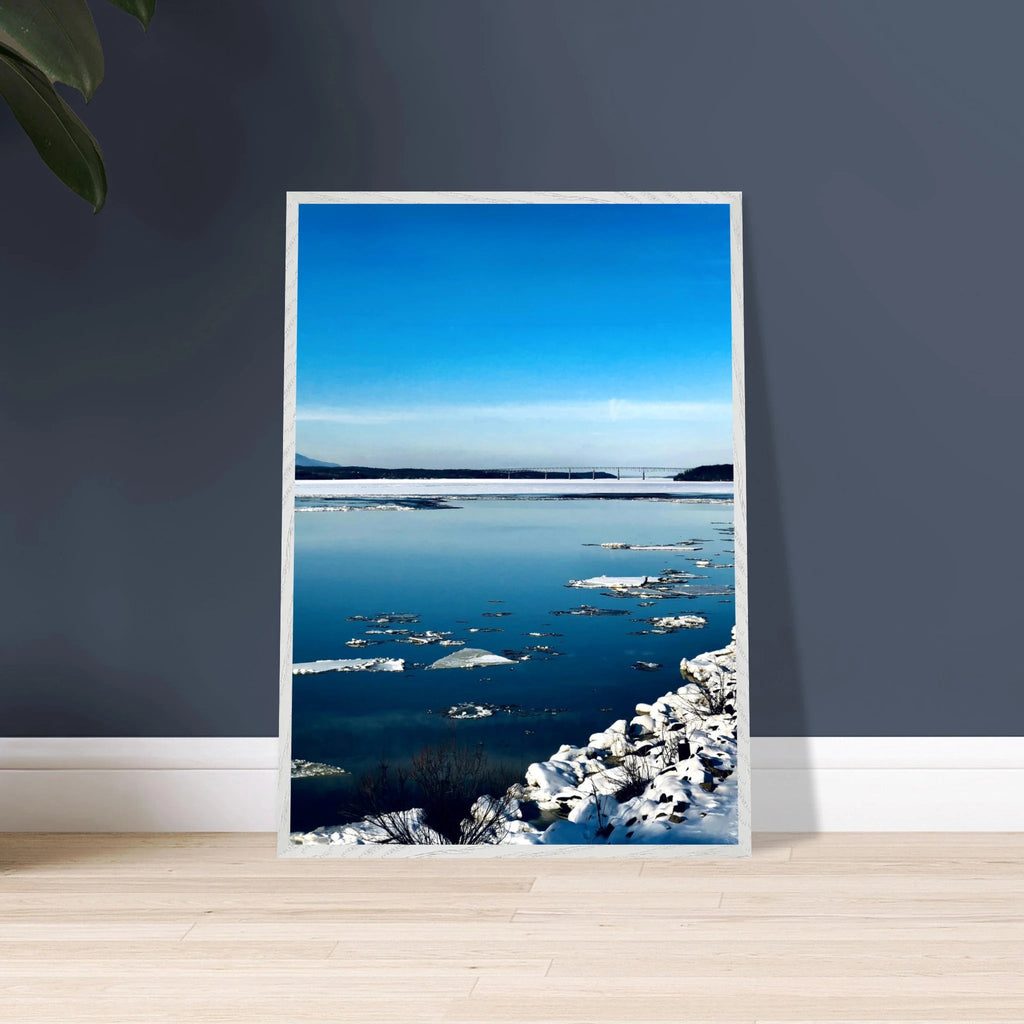 Wooden framed Hudson Valley winter poster with snowy landscape, part of the Travel Collection Studio Edition, holiday-themed print.