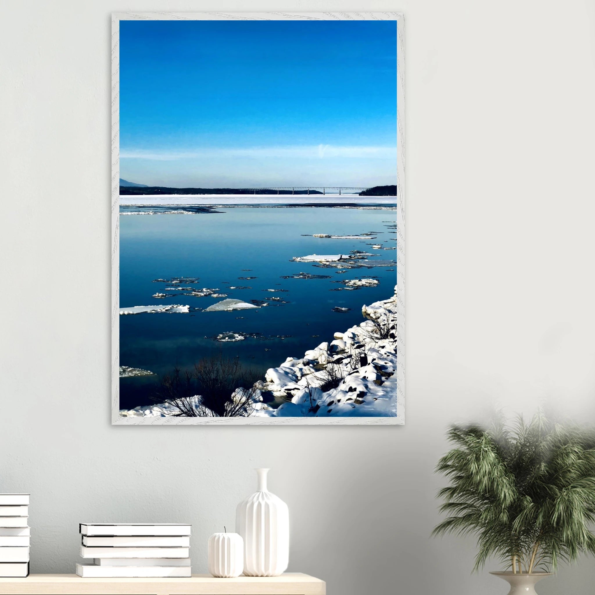 Wooden framed Hudson Valley Winter poster featuring snowy landscape, part of the Studio Edition holiday travel collection.