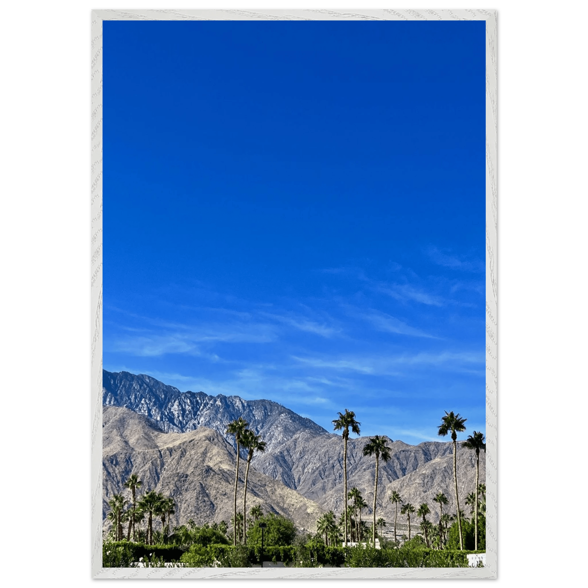 Wooden framed poster featuring a sunny fall day scene in Palm Springs California, studio edition print art, 15x20 cm.