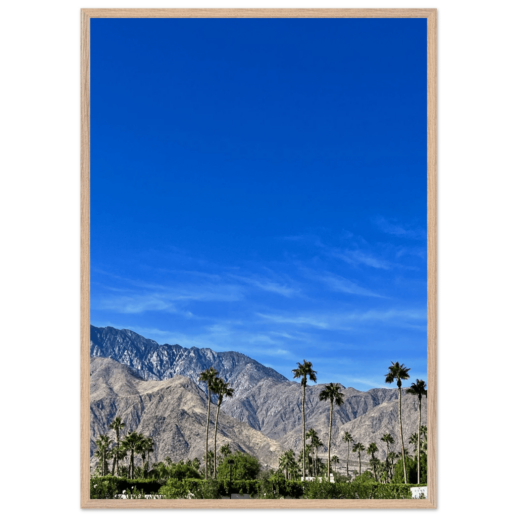 Premium wooden framed poster of a sunny fall day in Palm Springs California, featuring vibrant autumn scenery and studio-quality art.