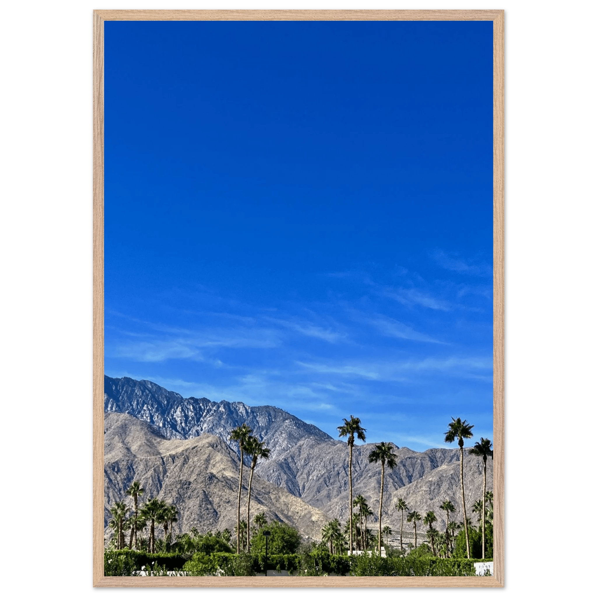 Premium wooden framed poster of a sunny fall day in Palm Springs California, featuring vibrant autumn scenery and studio-quality art.