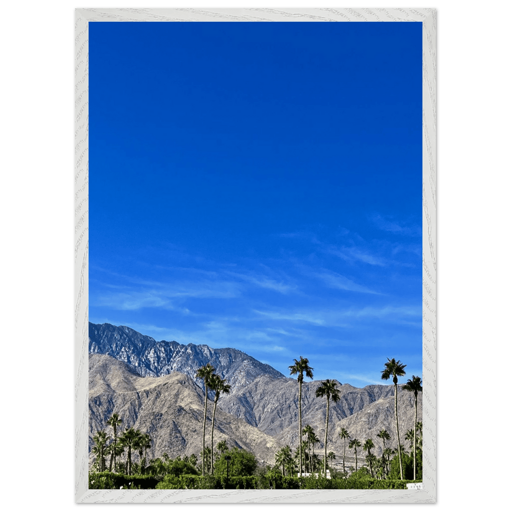 Premium wooden framed poster of a sunny fall day in Palm Springs California, featuring vibrant colors and scenic landscape art.