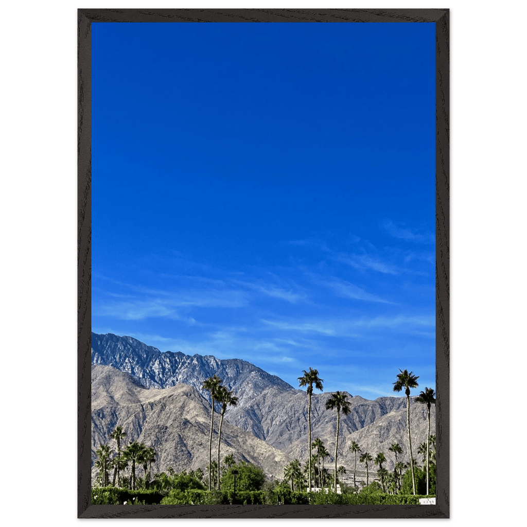 Wooden framed poster of a sunny fall day in Palm Springs, California, featuring vibrant autumn scenery and scenic landscape art.