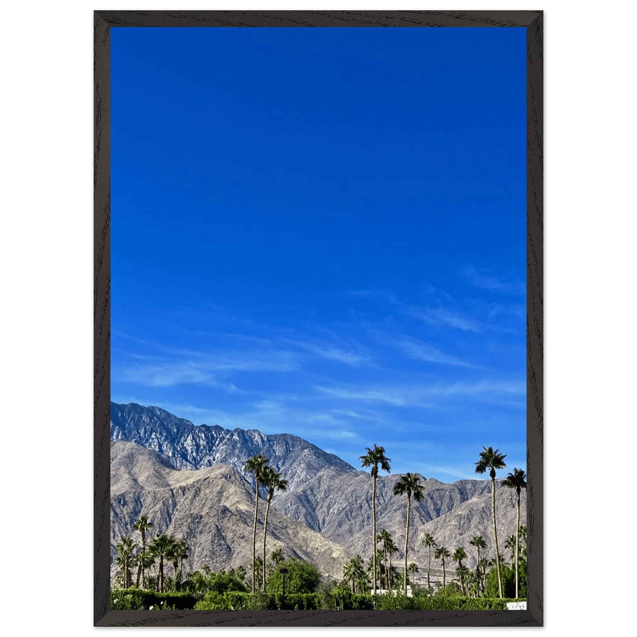 Wooden framed poster of a sunny fall day in Palm Springs, California, featuring vibrant autumn scenery and scenic landscape art.