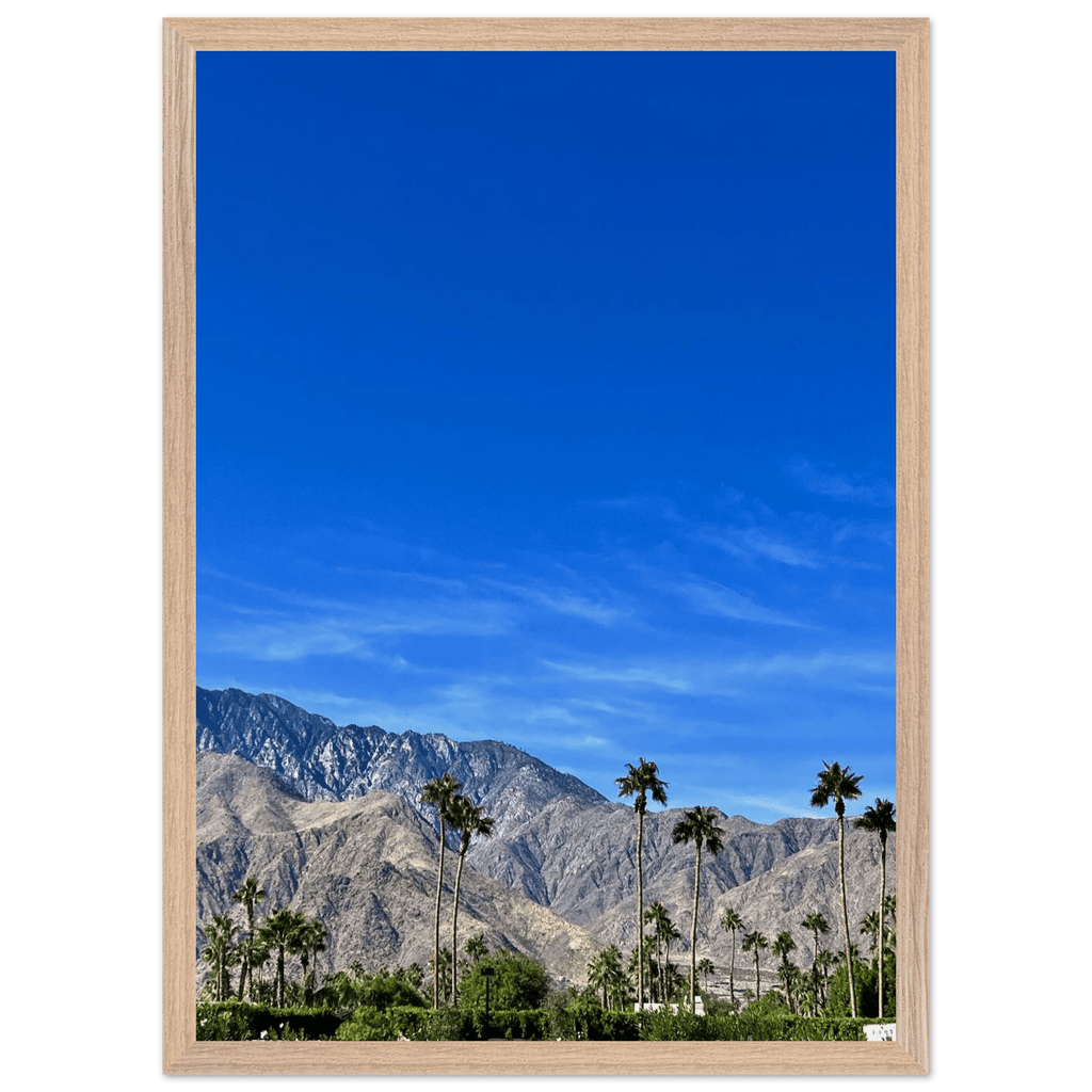 Wooden framed print of a sunny fall day in Palm Springs California, featuring vibrant outdoor scenery and artistic poster design.