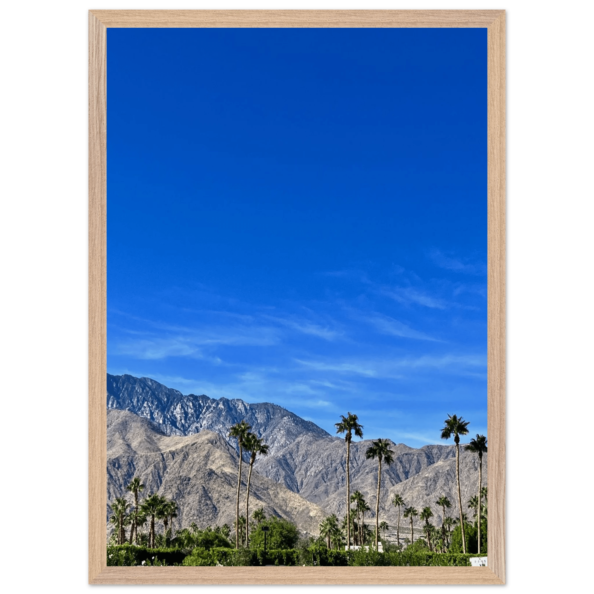 Wooden framed print of a sunny fall day in Palm Springs California, featuring vibrant outdoor scenery and artistic poster design.