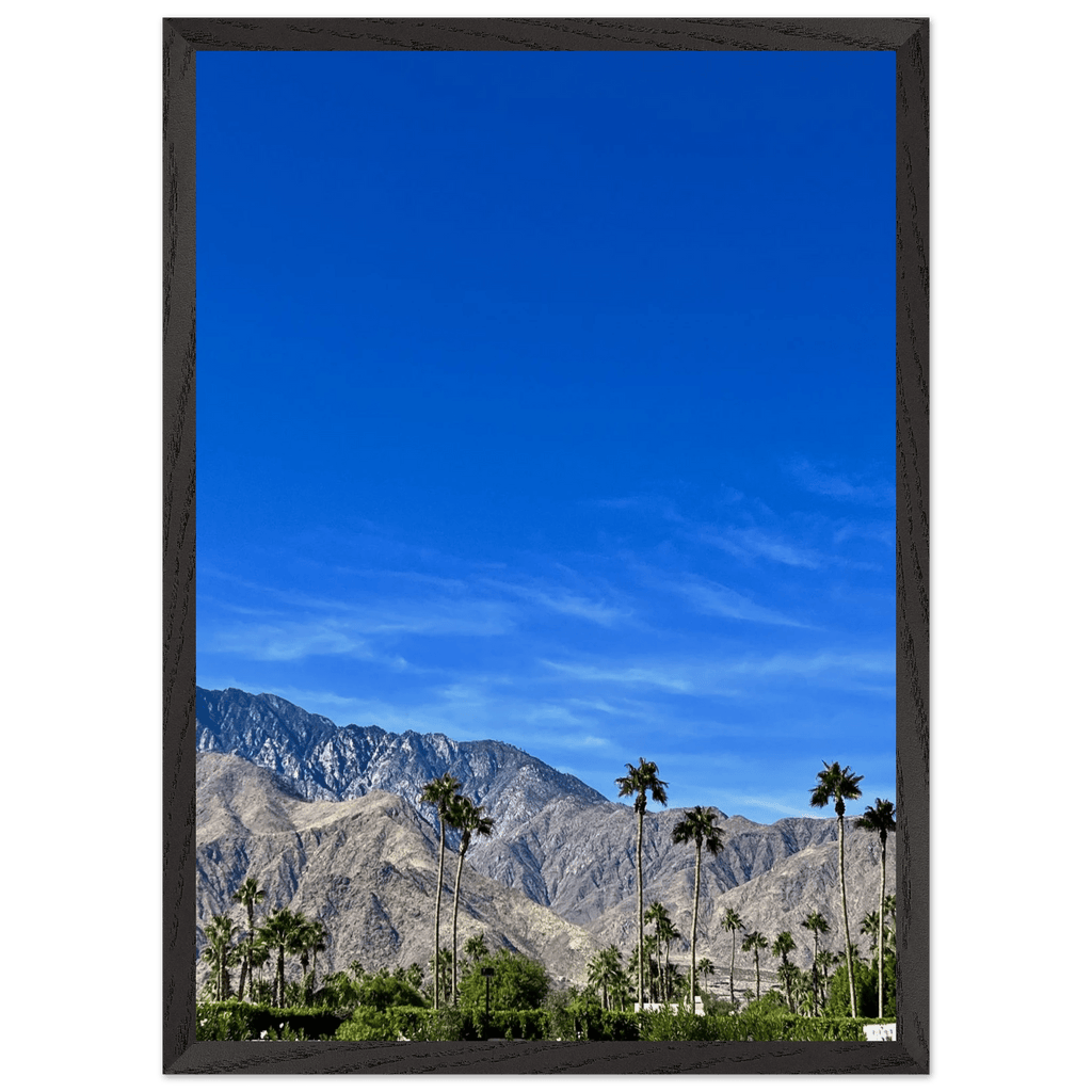 Wooden framed print of a sunny fall day in Palm Springs California, featuring vibrant autumn scenery in a chic poster art style.