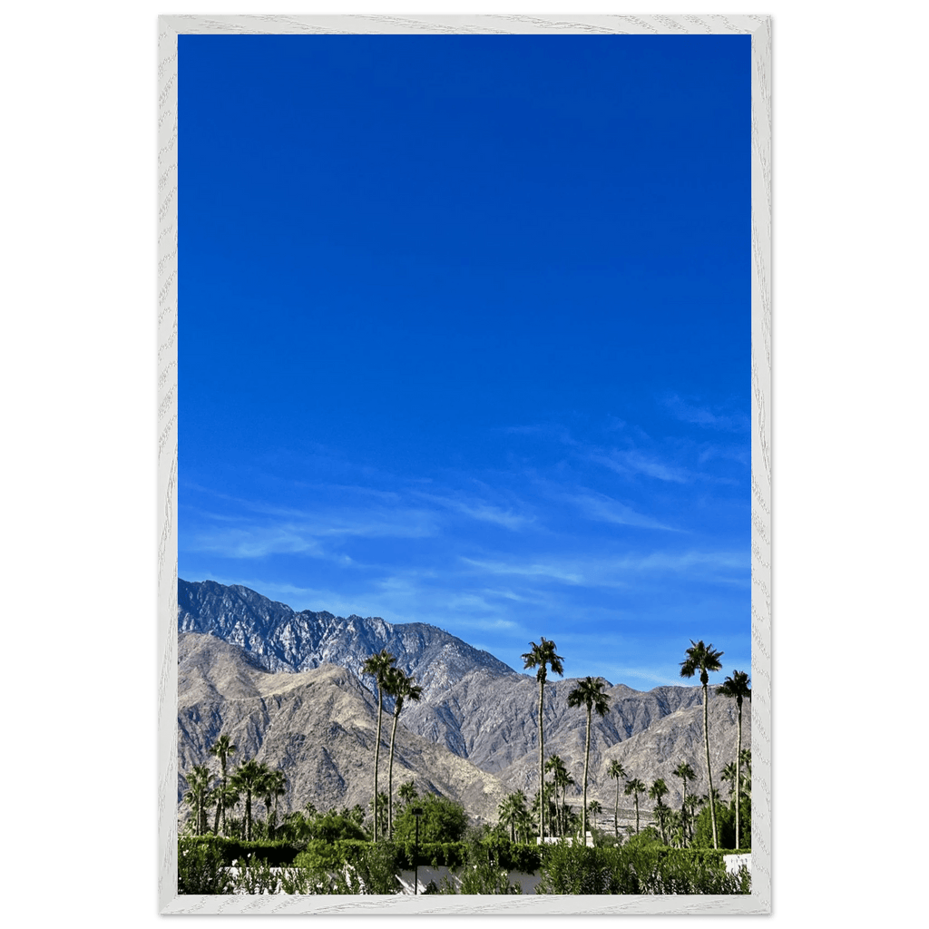 Premium wooden framed poster of a sunny fall day in Palm Springs California, featuring vibrant autumn scenery and detailed artwork.