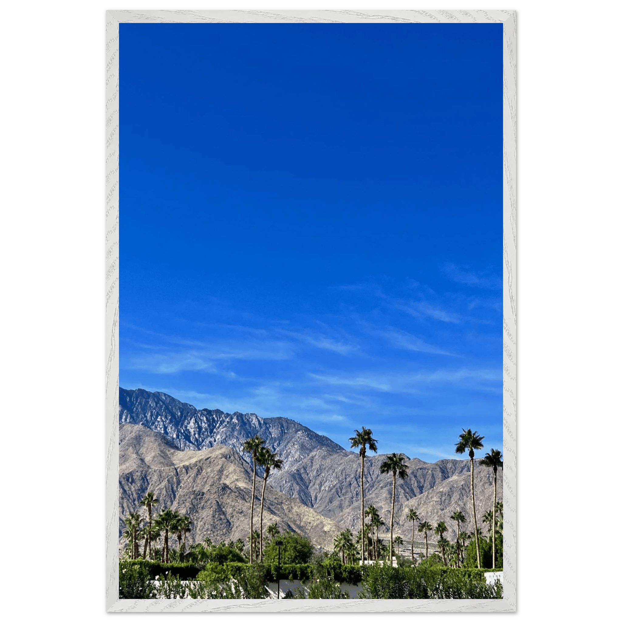 Premium wooden framed poster of a sunny fall day in Palm Springs California, featuring vibrant autumn scenery and detailed artwork.