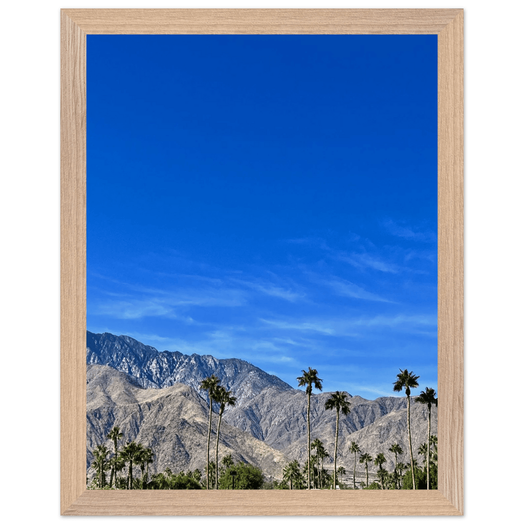Premium wooden framed poster of a sunny fall day in Palm Springs, California, featuring vibrant outdoor scenery and warm autumn colors.