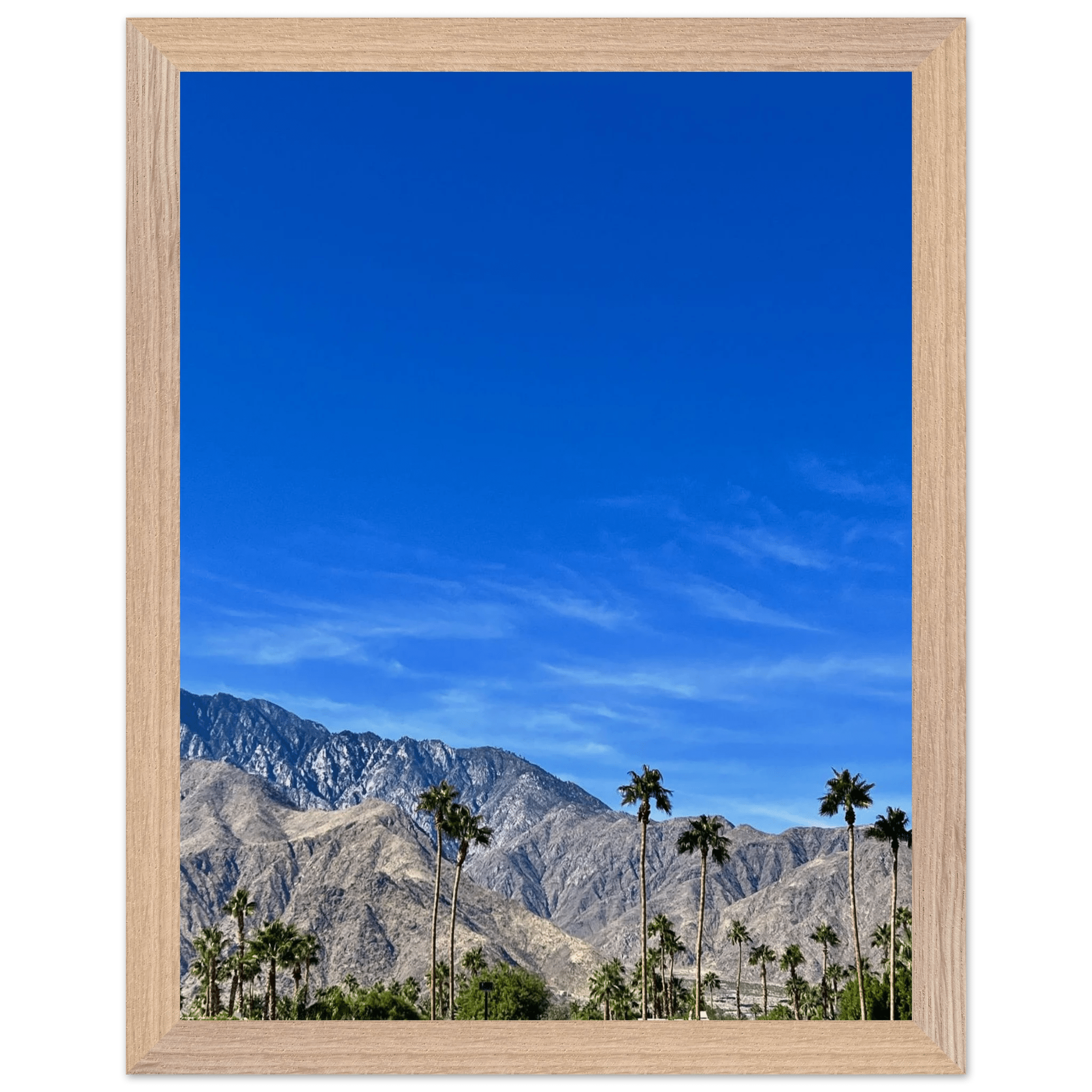 Premium wooden framed poster of a sunny fall day in Palm Springs, California, featuring vibrant outdoor scenery and warm autumn colors.