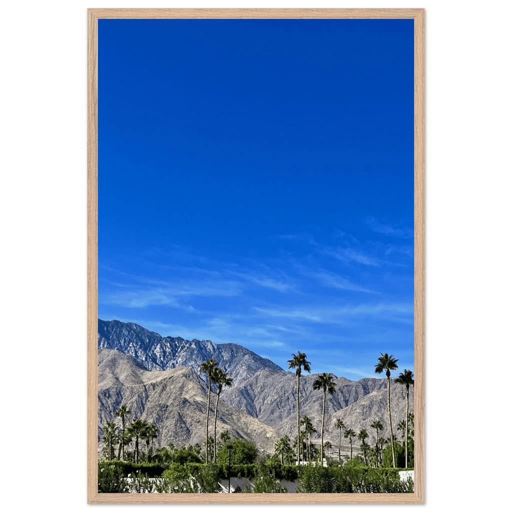 Wooden framed poster of a sunny fall day in Palm Springs California, featuring vibrant autumn scenery and studio-quality art.