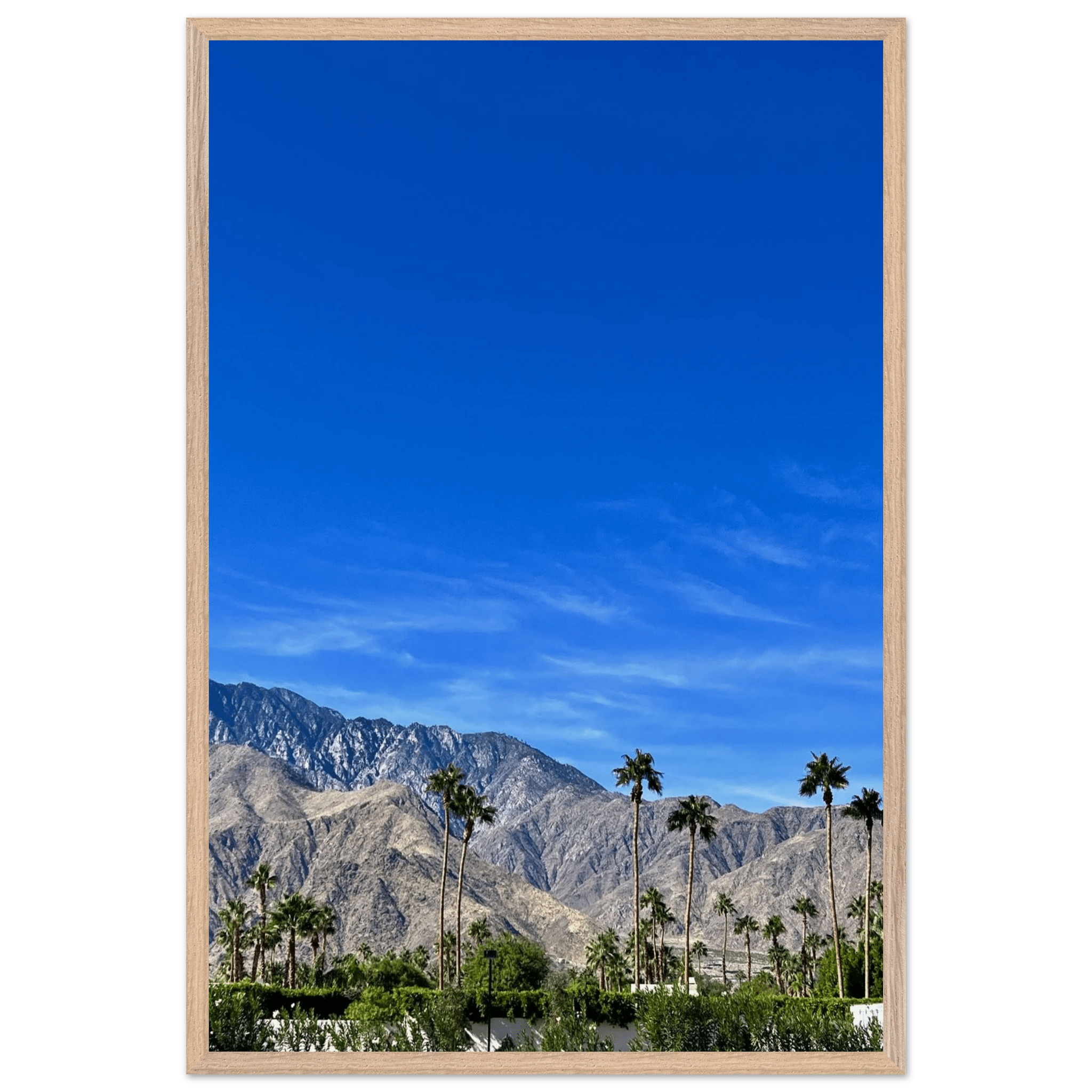 Wooden framed poster of a sunny fall day in Palm Springs California, featuring vibrant autumn scenery and studio-quality art.