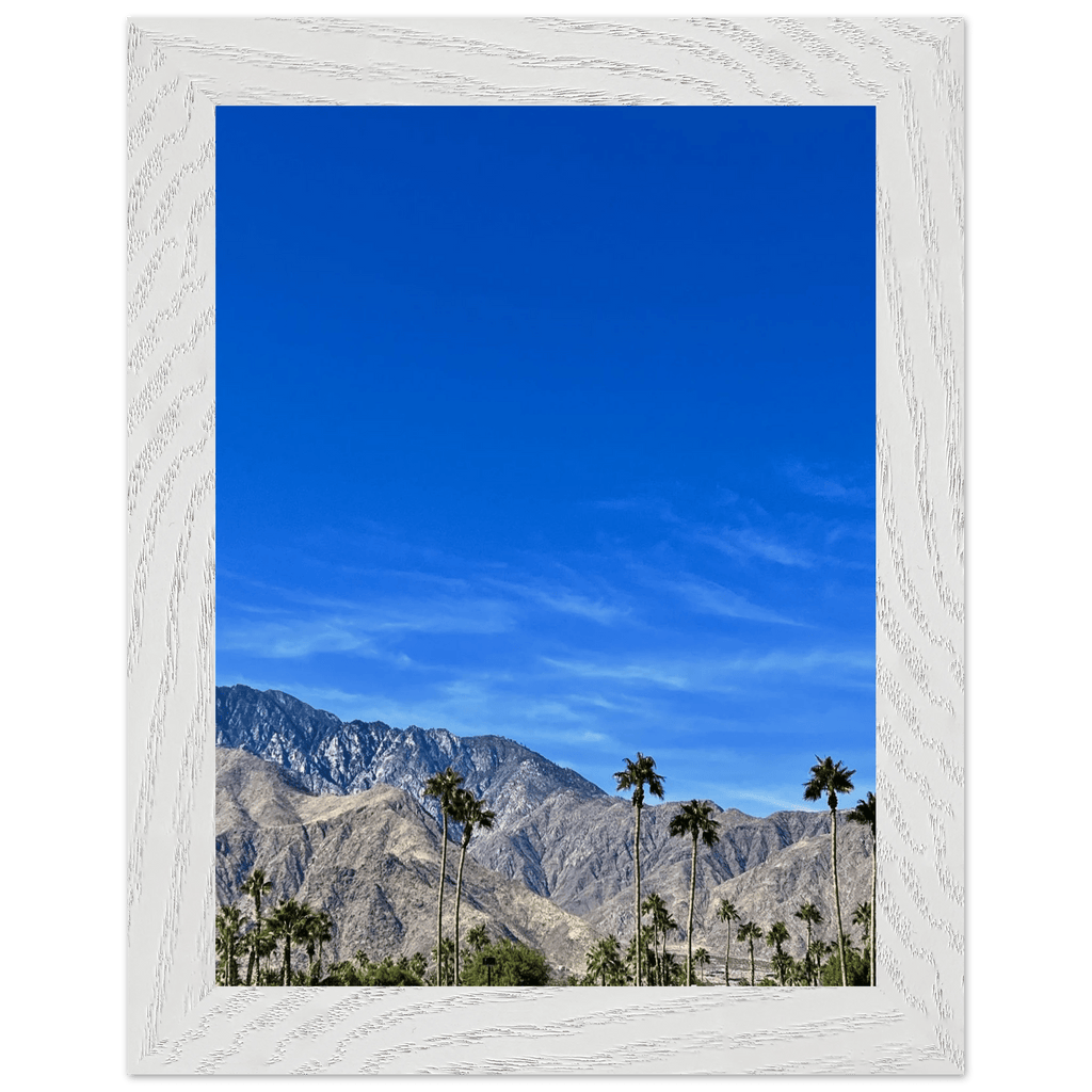 Premium wooden framed poster of a sunny fall day in Palm Springs California, featuring vibrant autumn scenery and stylish decor.
