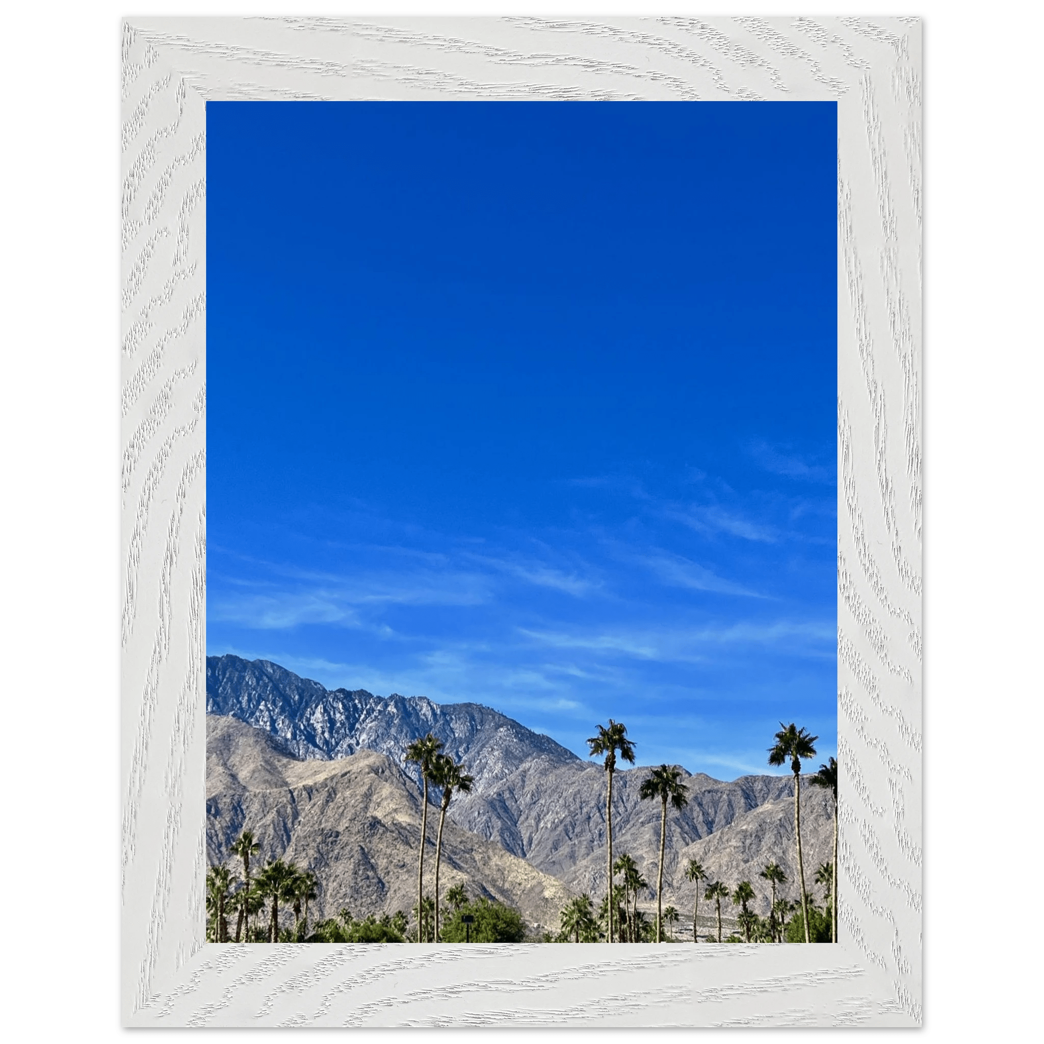 Premium wooden framed poster of a sunny fall day in Palm Springs California, featuring vibrant autumn scenery and stylish decor.