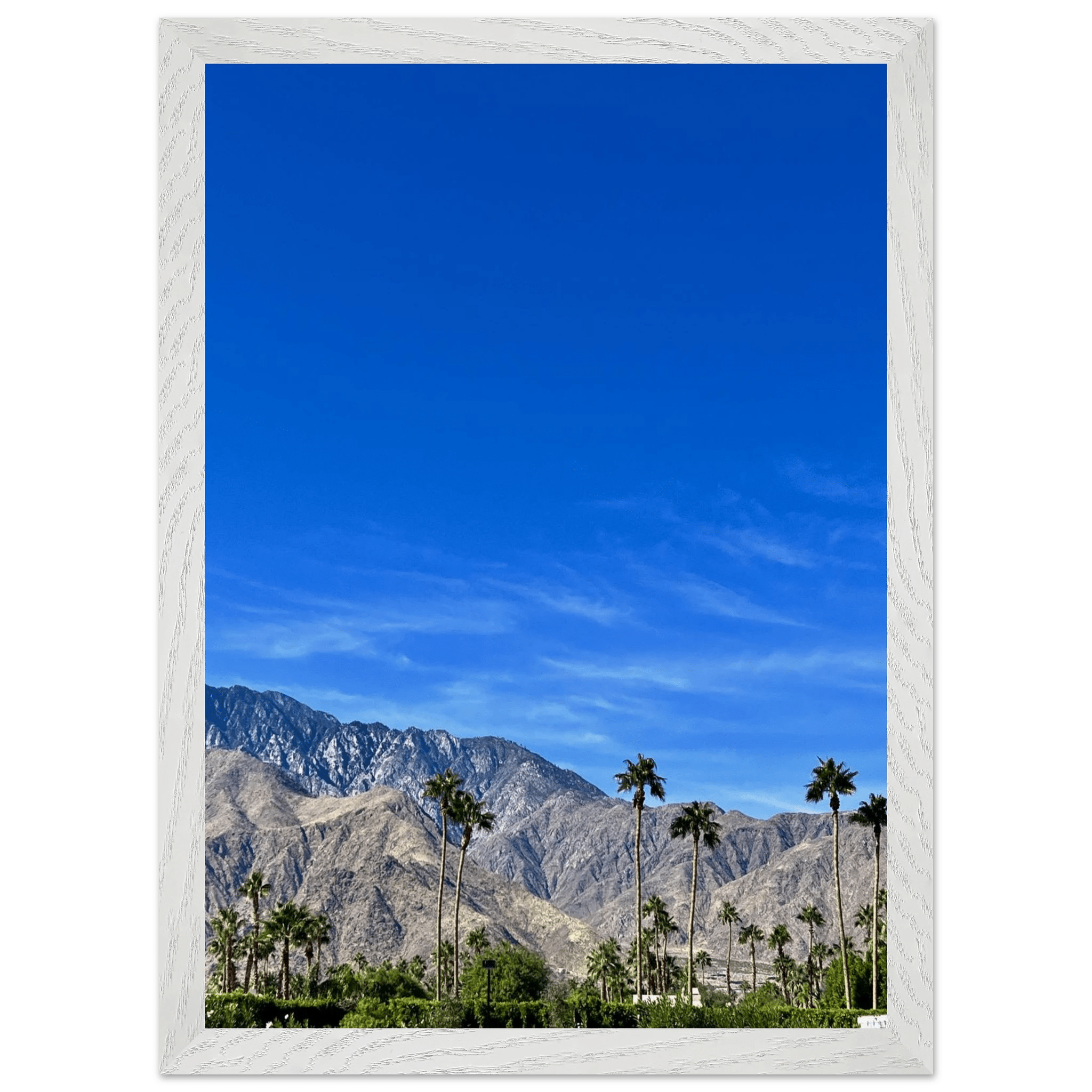 Premium wooden framed poster of a sunny fall day in Palm Springs, California, featuring colorful autumn scenery and studio-quality art.