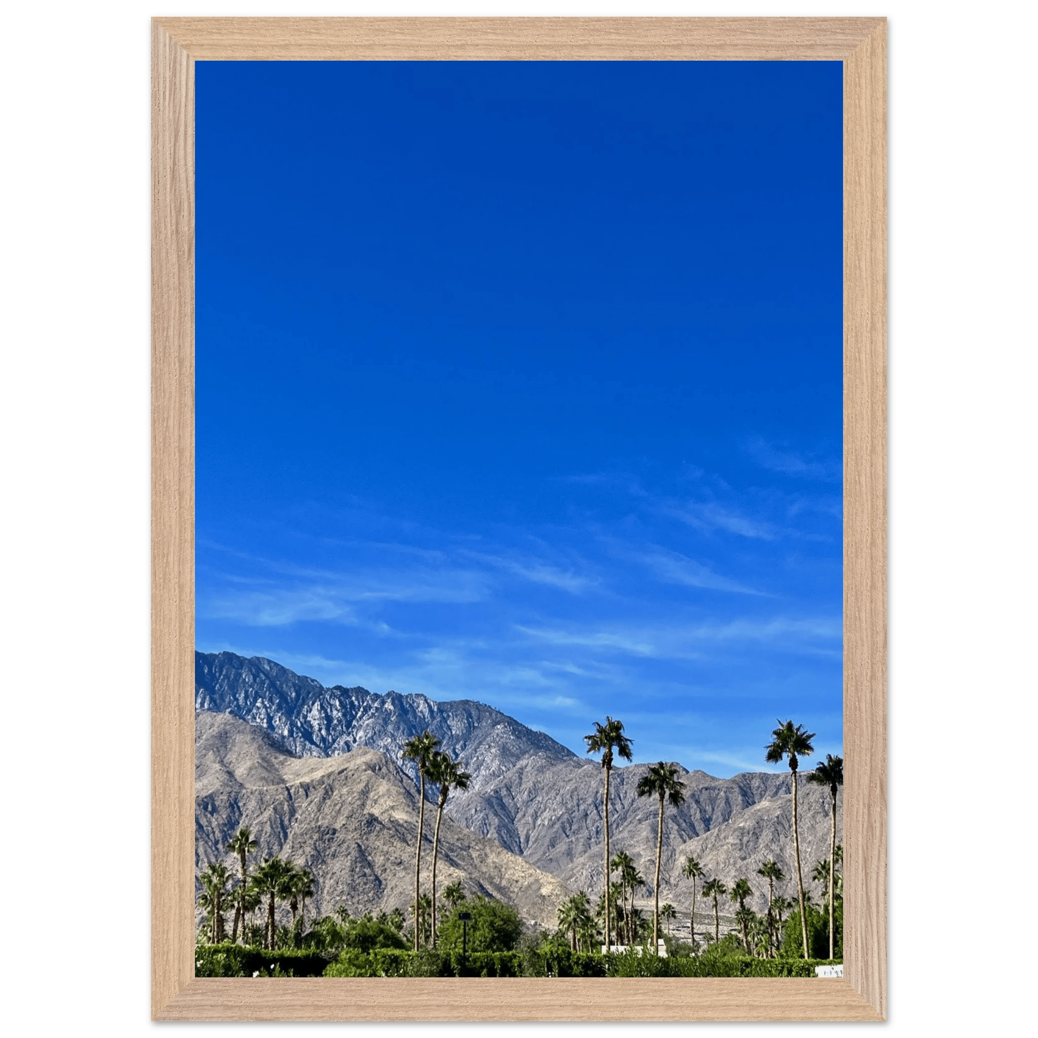 Wooden framed poster featuring a sunny fall day scene in Palm Springs California, with vibrant autumn colors and scenic landscape.