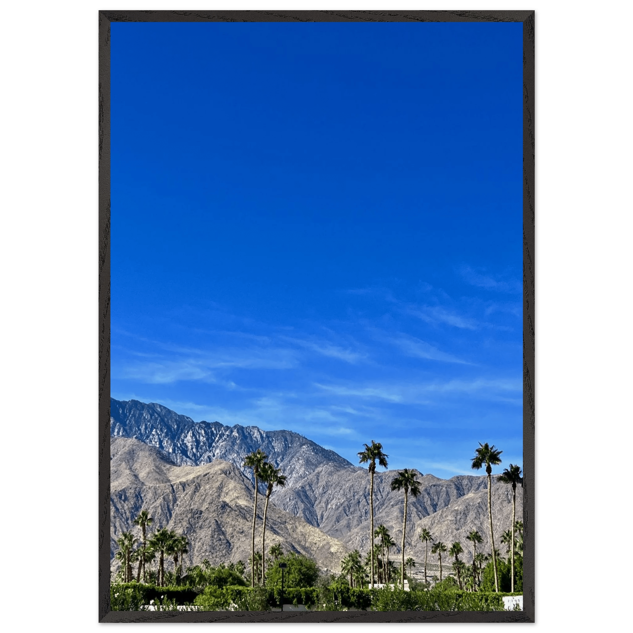 Wooden framed poster of a sunny fall day in Palm Springs, California, featuring colorful autumn scenery and studio edition art.