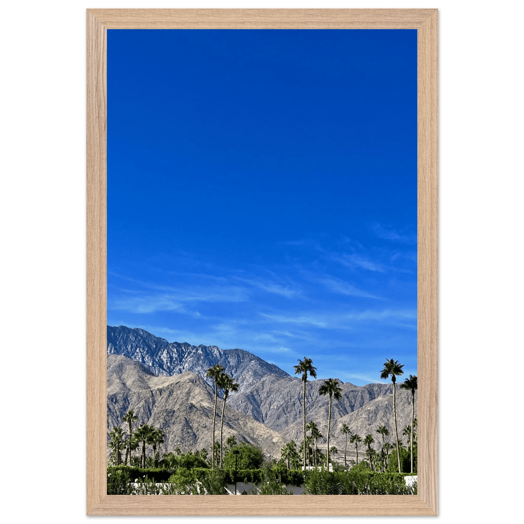 Wooden framed poster of a sunny fall day in Palm Springs California, featuring vibrant autumn scenery and stylish studio edition art.