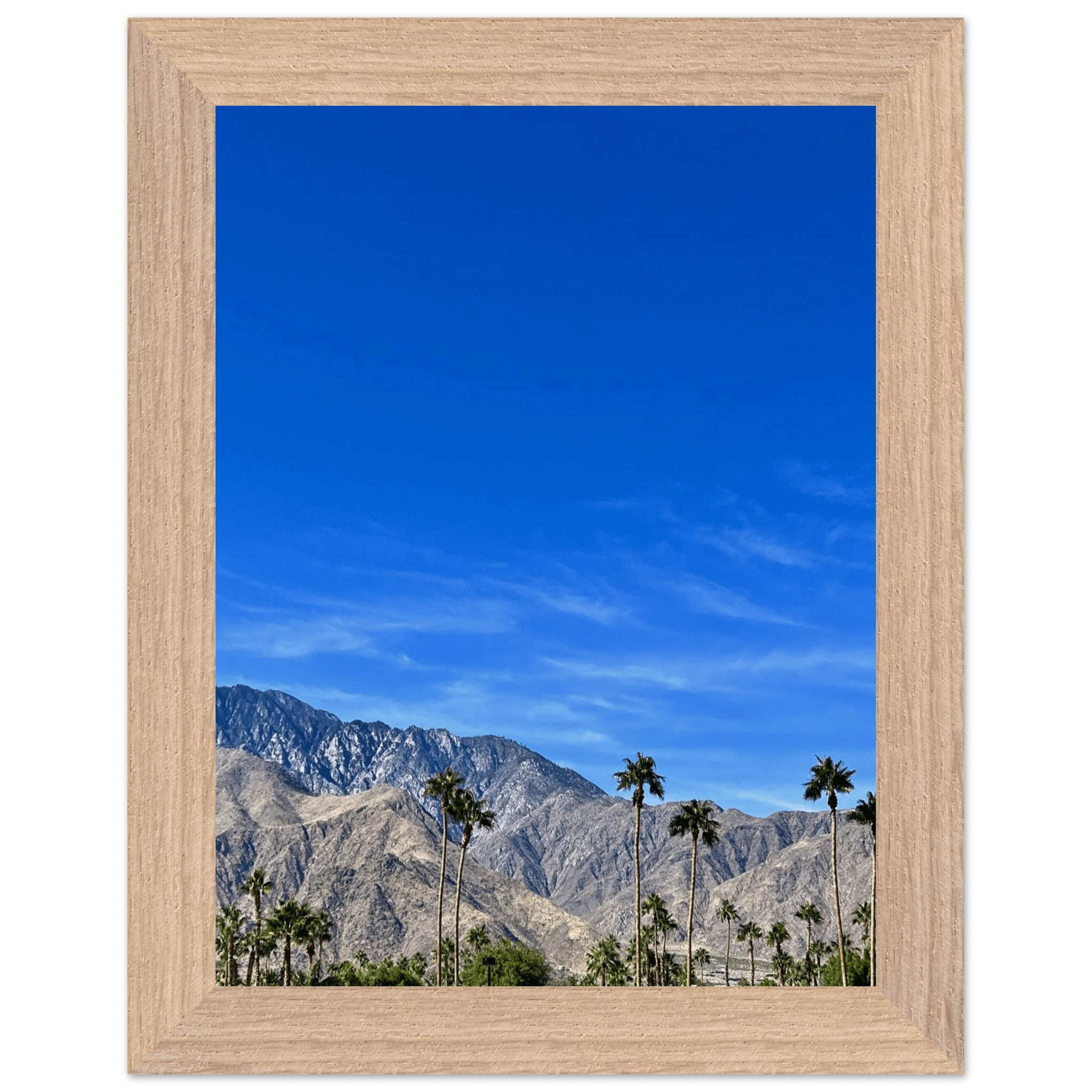 Premium wooden framed poster of a sunny fall day in Palm Springs California, featuring vibrant landscape art in a 15x20 cm white frame.