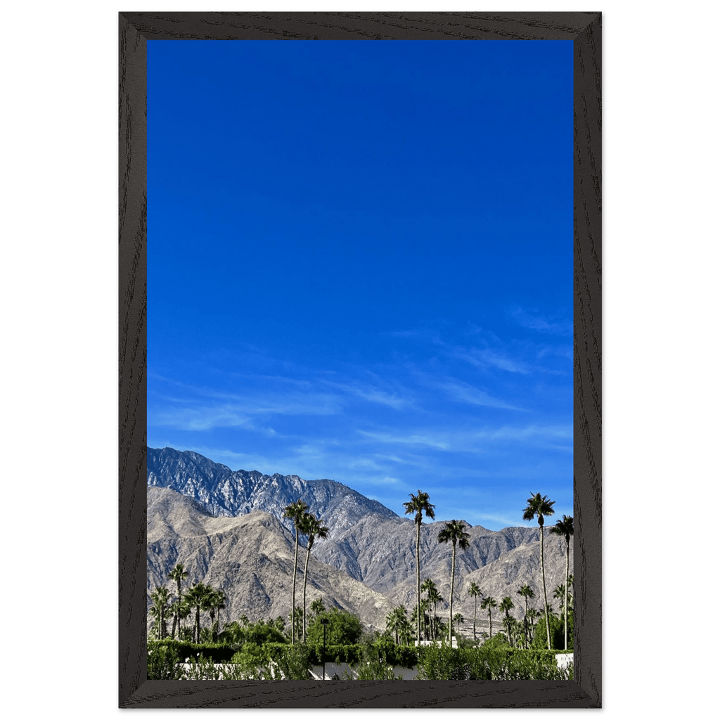 Wooden framed poster of a sunny fall day in Palm Springs, California, featuring vibrant autumn colors and desert landscape art.