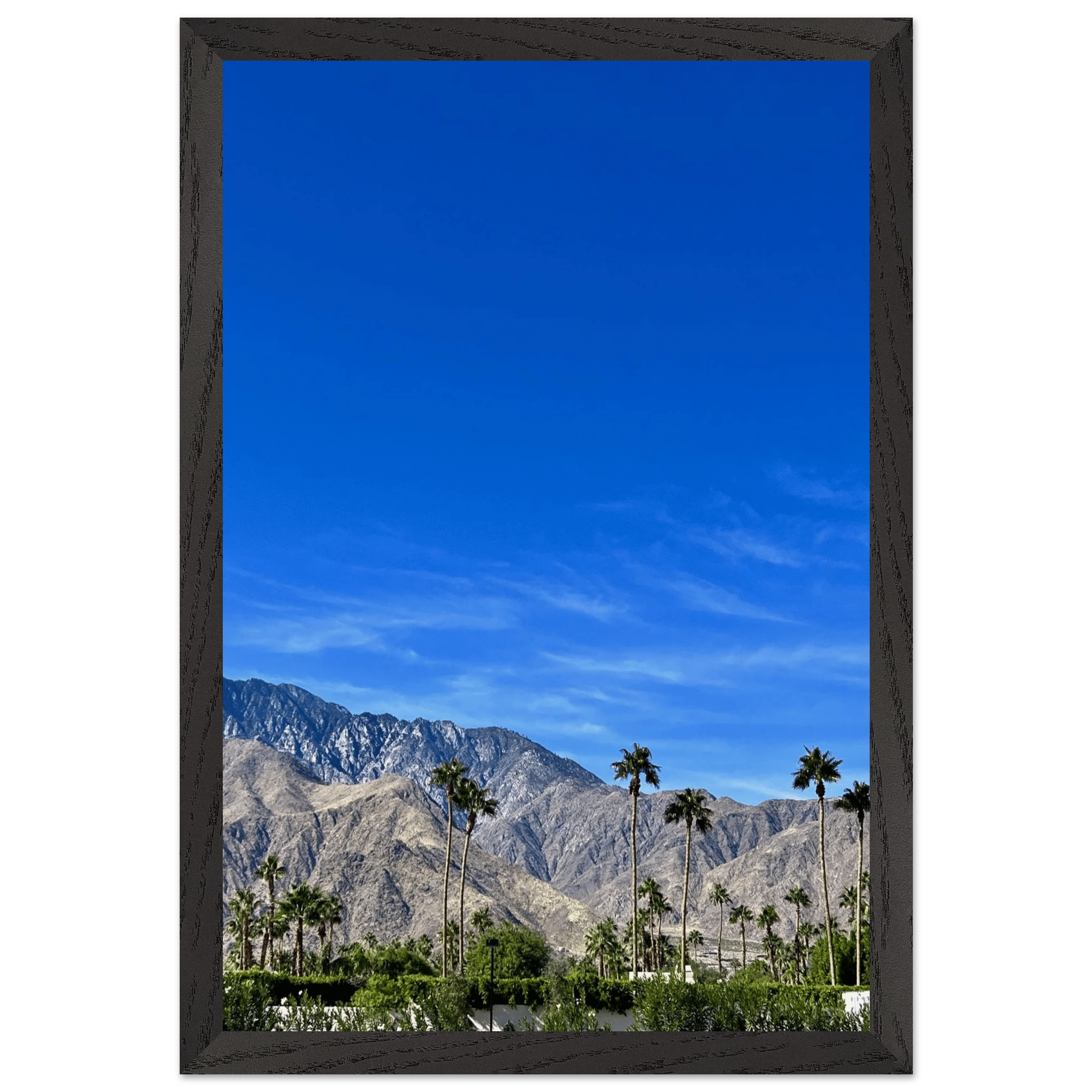 Wooden framed poster of a sunny fall day in Palm Springs, California, featuring vibrant autumn colors and desert landscape art.