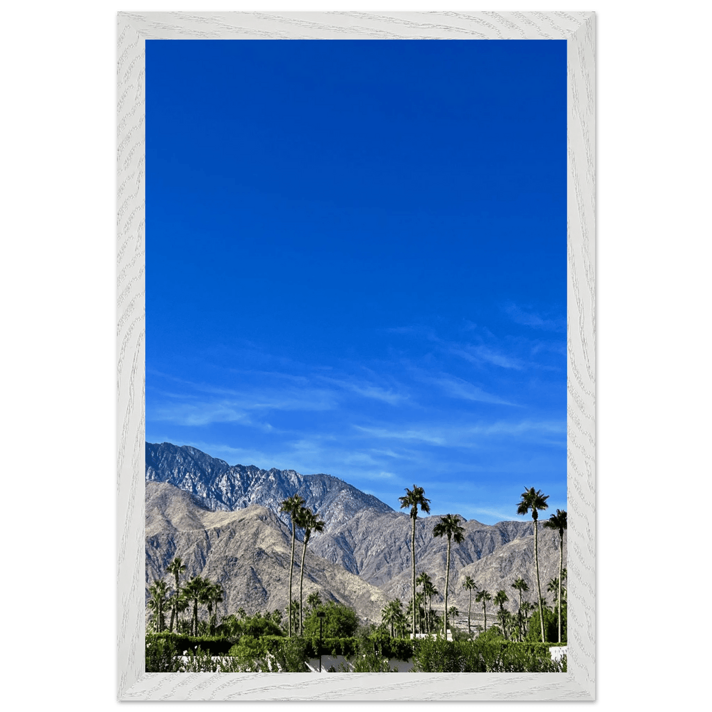 Premium wooden framed poster of a sunny fall day in Palm Springs, California, featuring vibrant outdoor scenery and colorful trees.