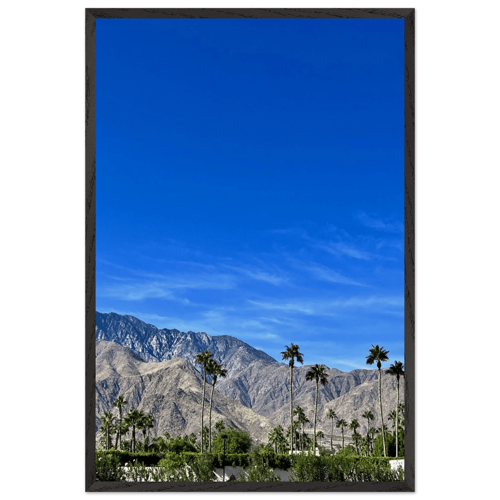 Premium wooden framed poster of a sunny fall day in Palm Springs, California, featuring vibrant autumn scenery and stylish design.