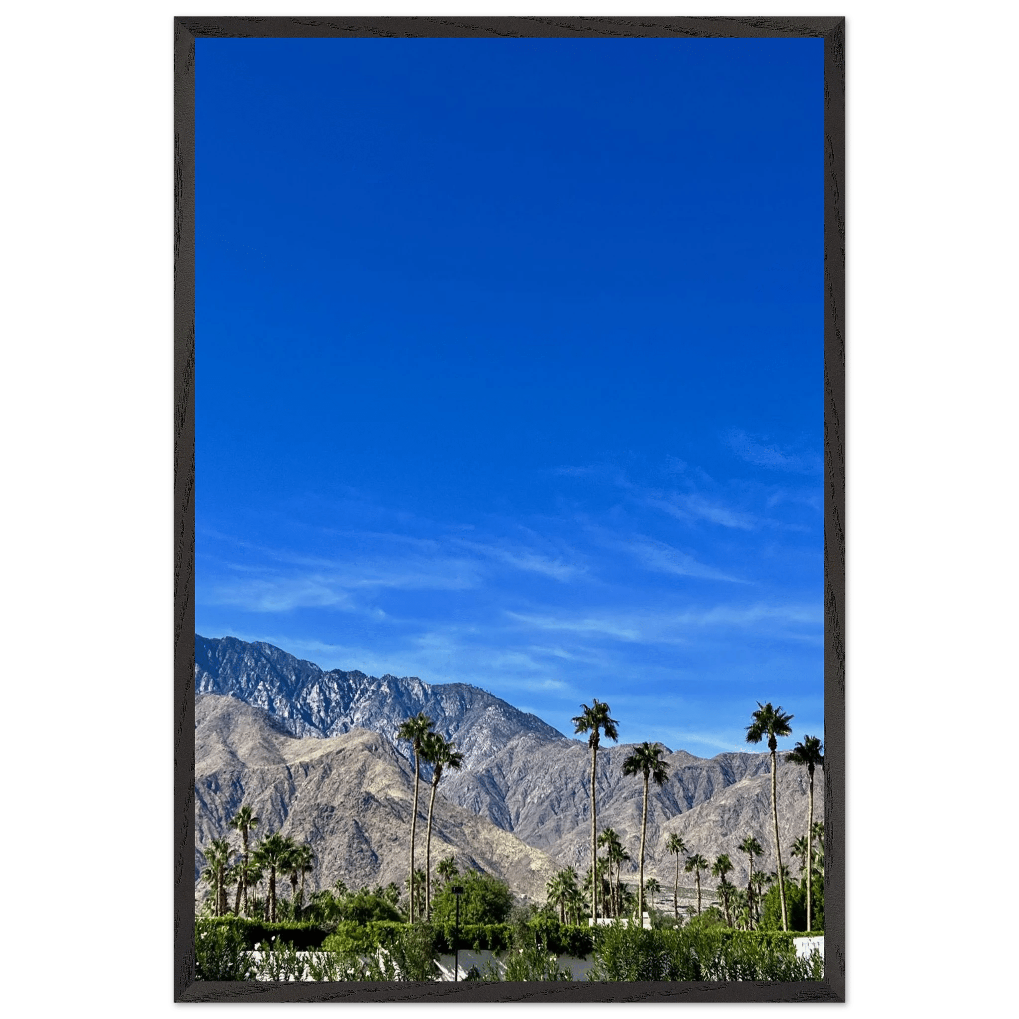 Premium wooden framed poster of a sunny fall day in Palm Springs, California, featuring vibrant autumn scenery and stylish design.
