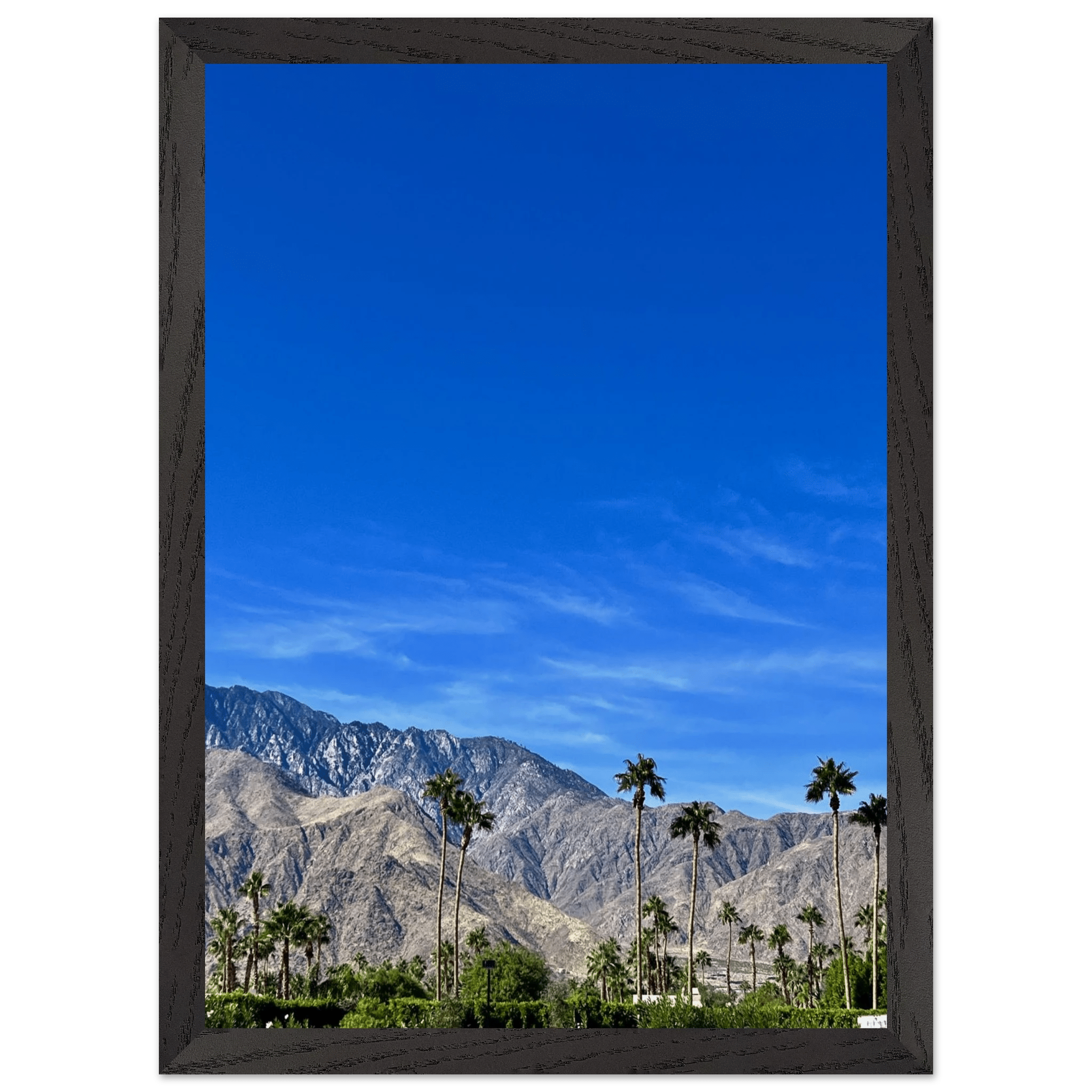 Premium wooden framed poster of a sunny fall day in Palm Springs, California, featuring vibrant autumn scenery and stylish wall art.