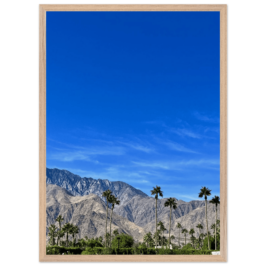 Wooden framed poster of a sunny fall day in Palm Springs, California, featuring vibrant outdoor scenery and autumn colors.