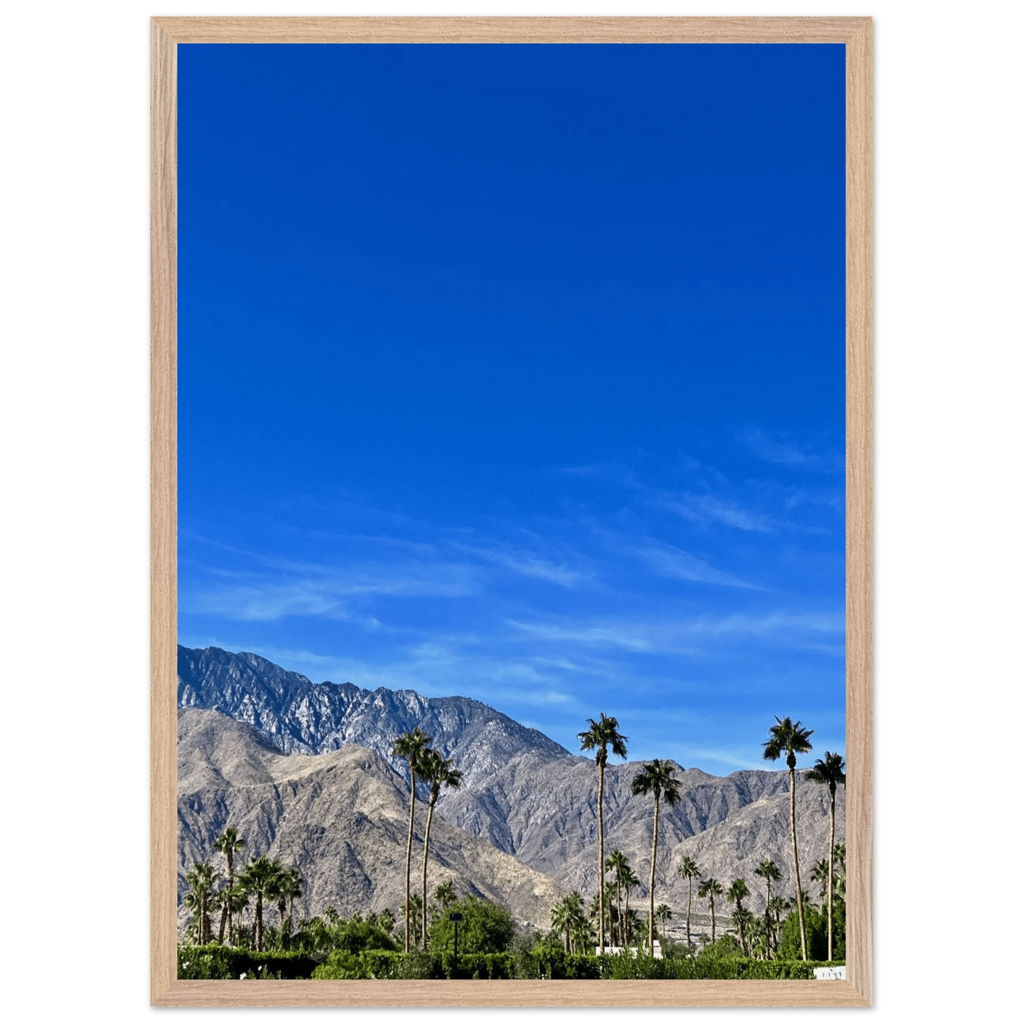 Wooden framed poster of a sunny fall day in Palm Springs, California, featuring vibrant outdoor scenery and autumn colors.