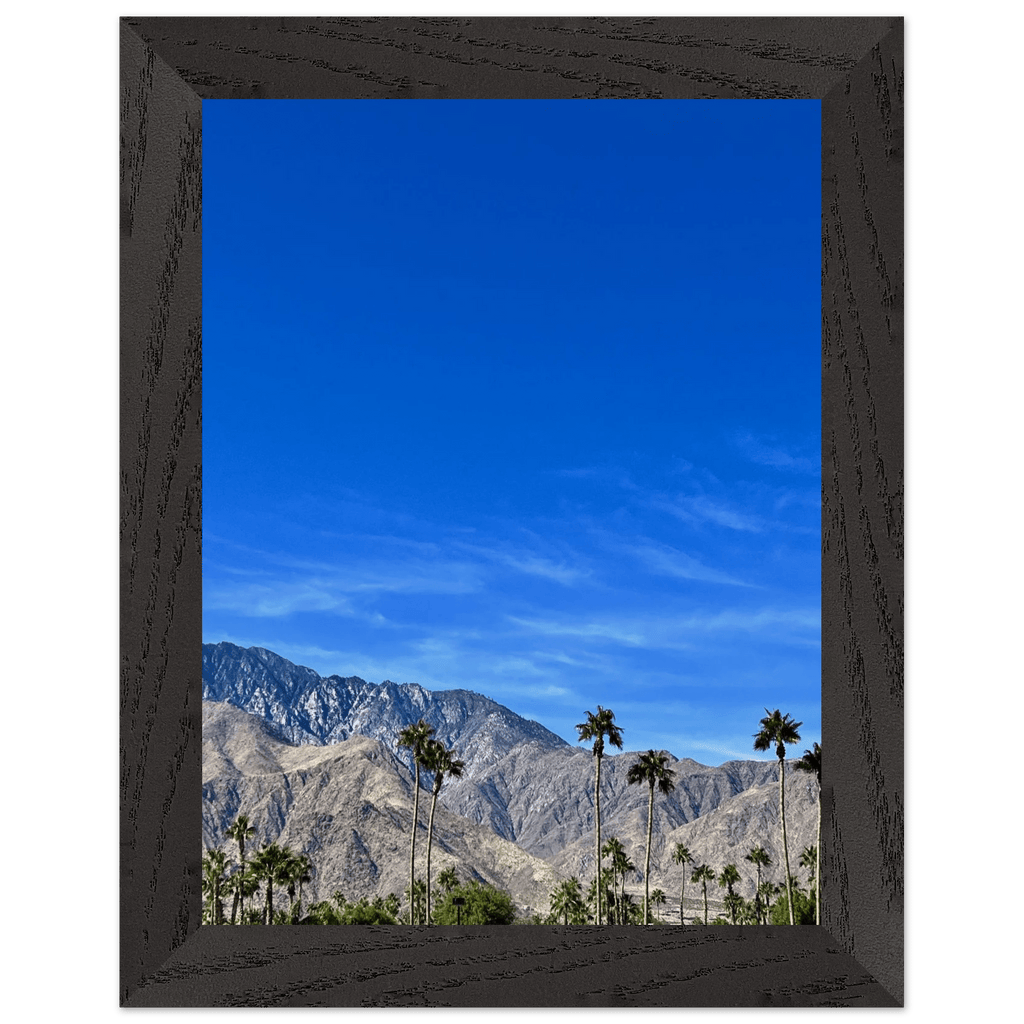 Wooden framed poster of a sunny fall day in Palm Springs, California, featuring colorful autumn scenery and studio edition art.
