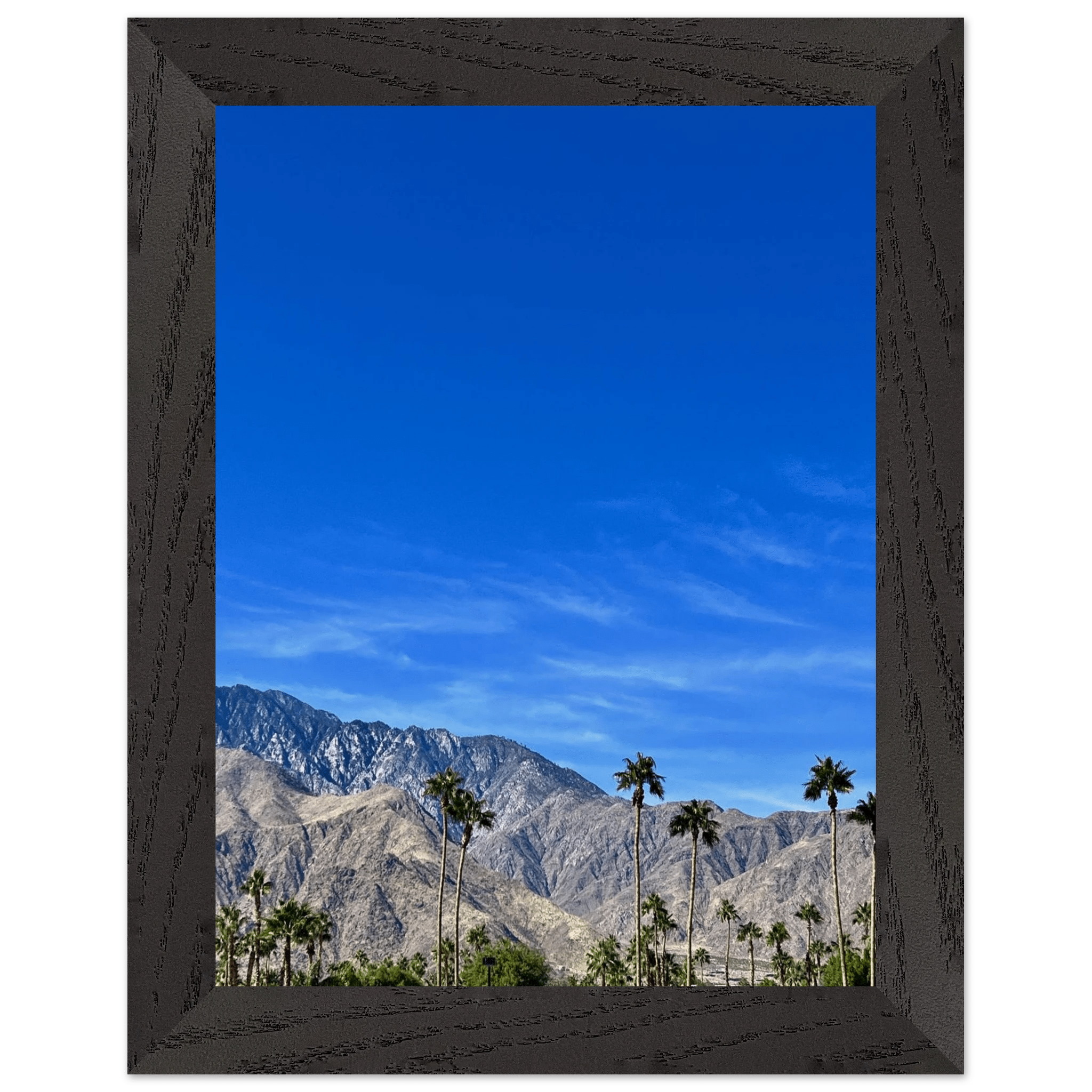 Wooden framed poster of a sunny fall day in Palm Springs, California, featuring colorful autumn scenery and studio edition art.