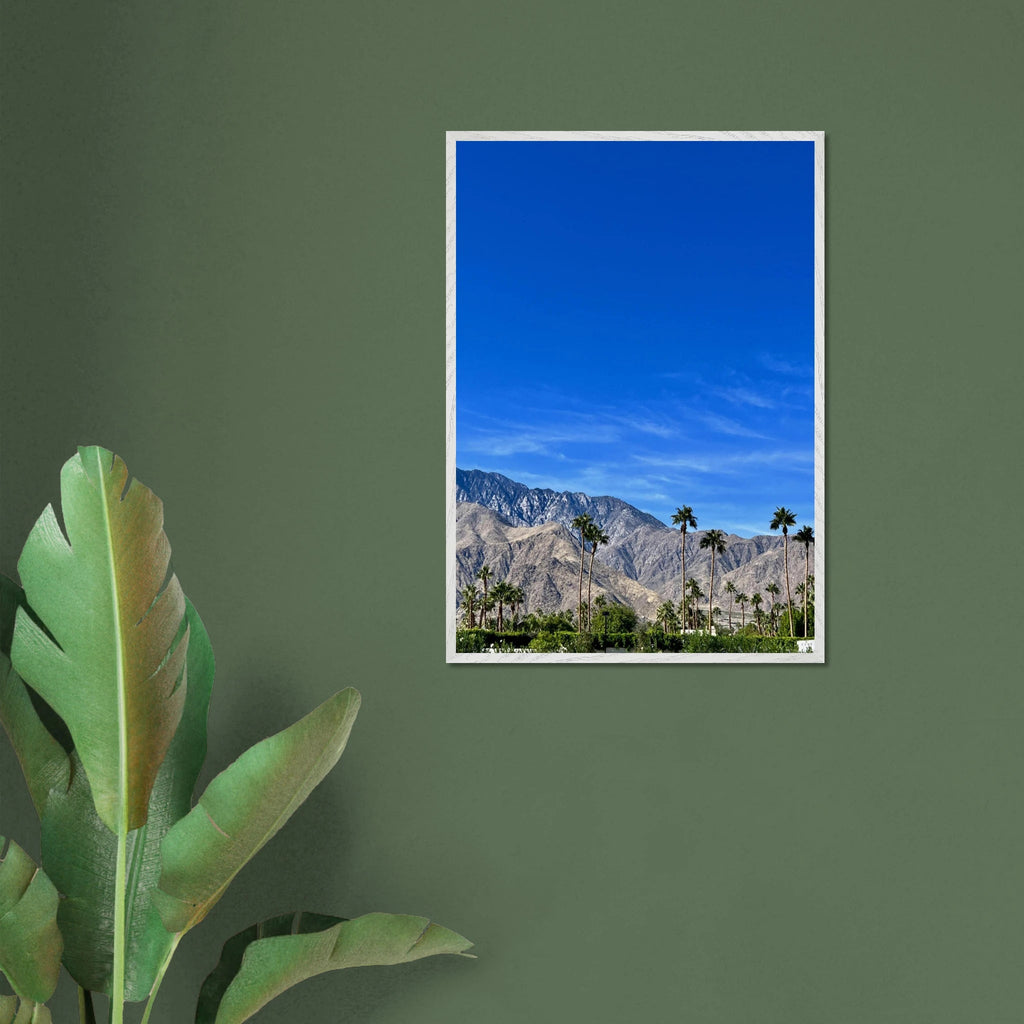 Wooden framed poster depicting a sunny fall day in Palm Springs with vibrant autumn colors, California poster art, studio edition.