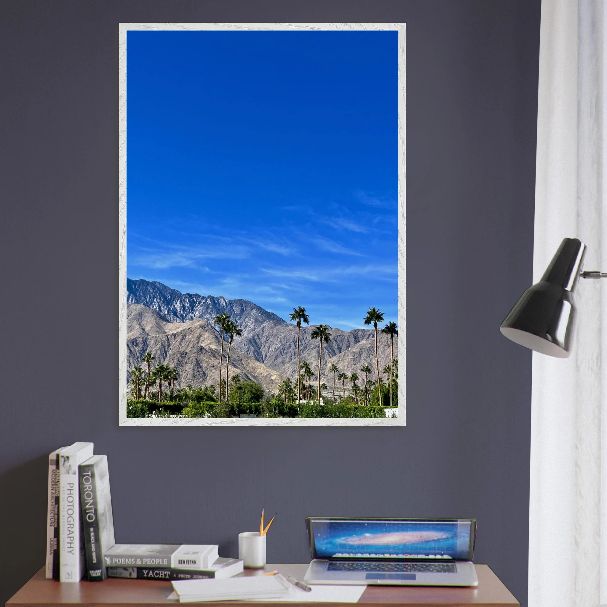 Premium wooden framed poster featuring a sunny fall day in Palm Springs California, showcasing vibrant outdoor scenery and artwork.