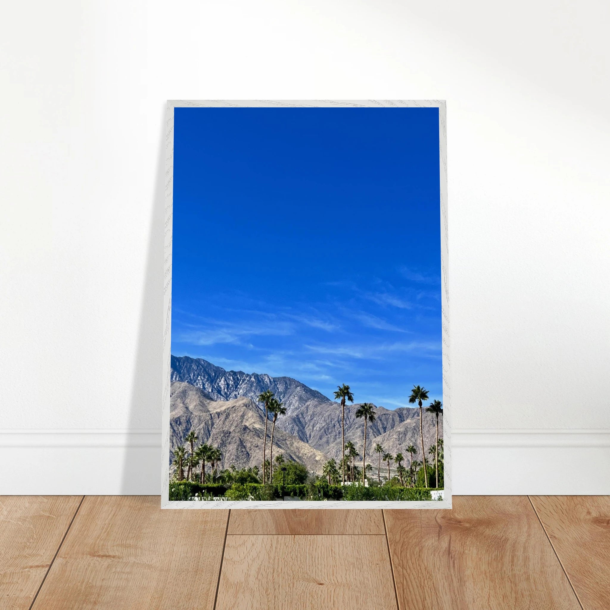 Premium wooden framed poster of a sunny fall day in Palm Springs California, featuring vibrant outdoor scenery and warm tones.