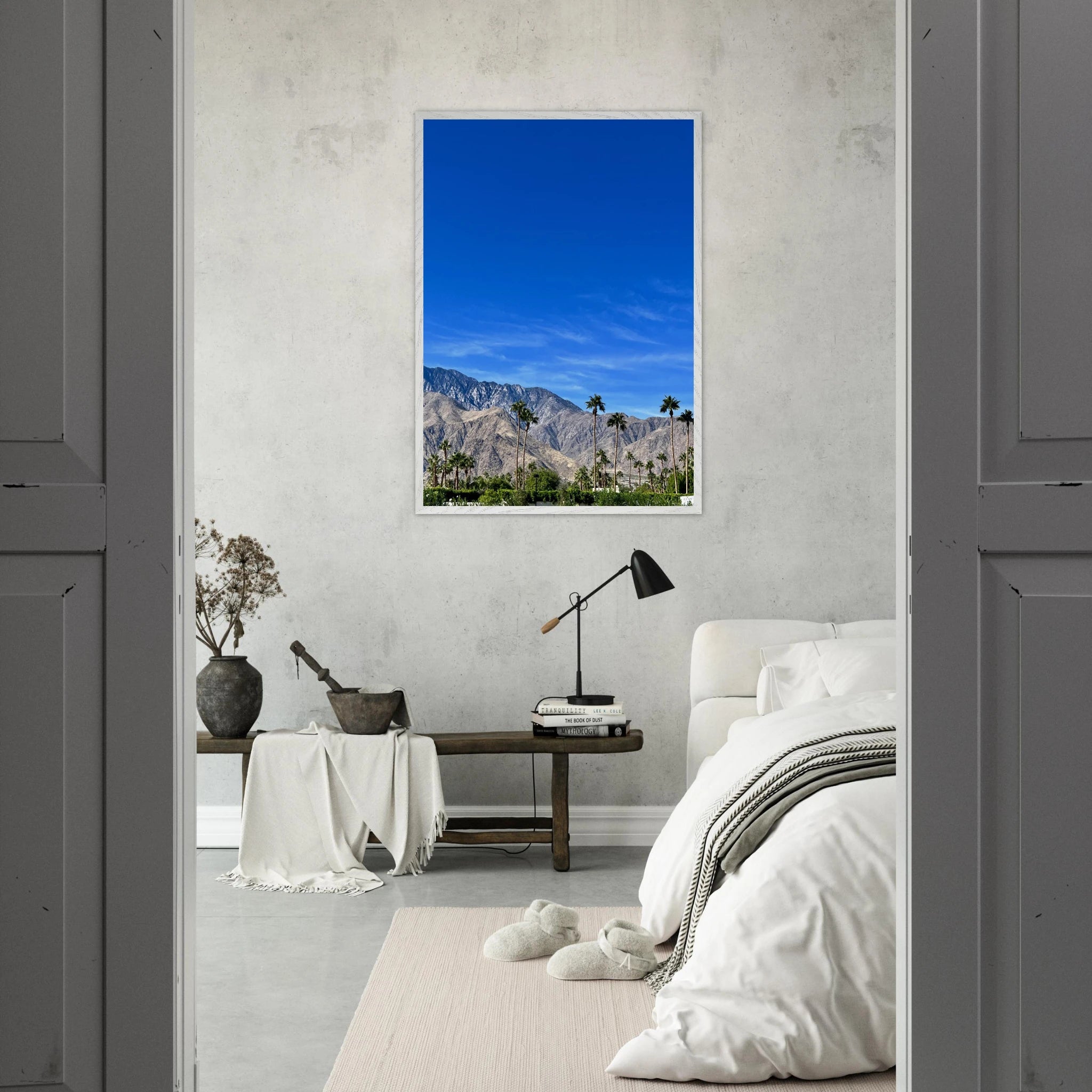 Wooden framed poster of a sunny fall day in Palm Springs featuring vibrant California landscape art, studio edition print.